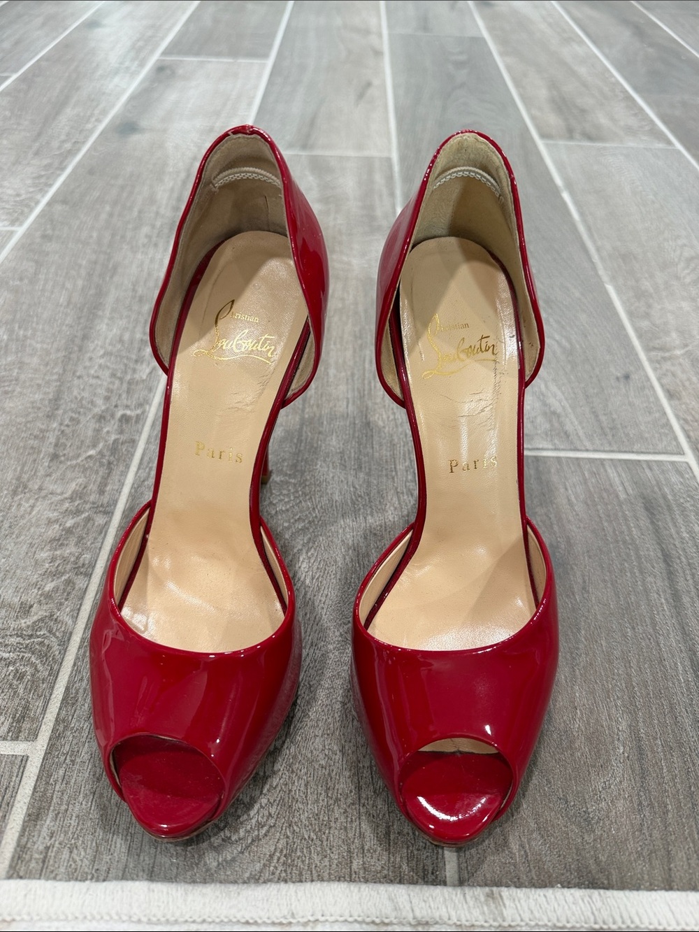 Christian Louboutin Red Patent Open-Toe D'Orsay Pumps